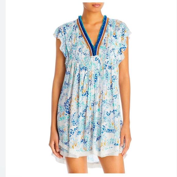 Poupette St. Barth Sz S Sasha Mini Dress in blue Teal Floral - Picture 1 of 6